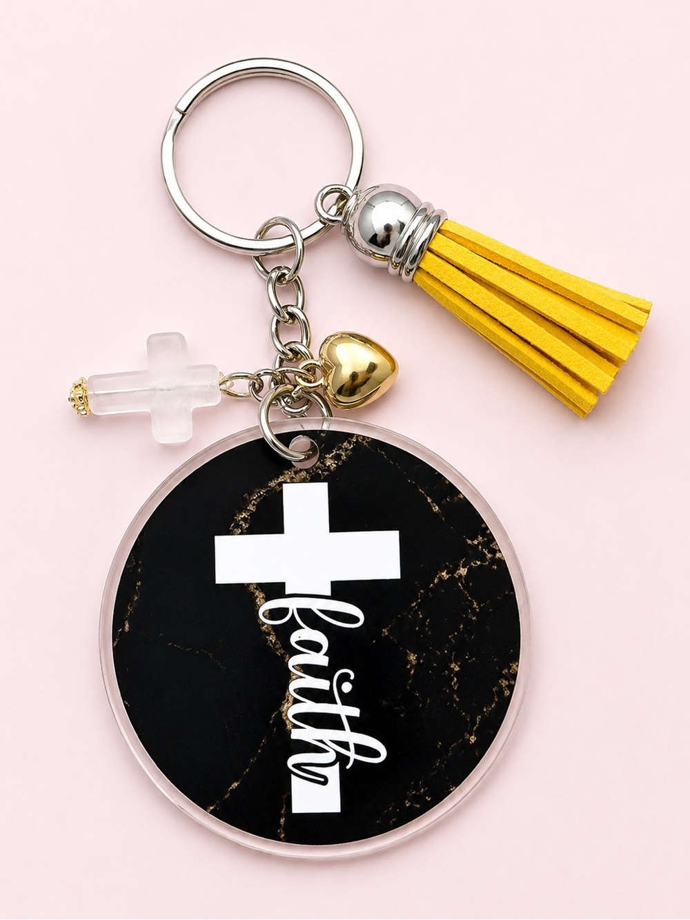 Faith Cross Keychain with Yellow Tassel